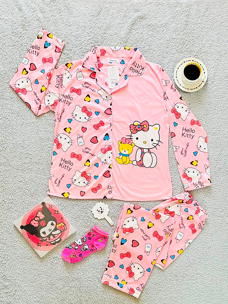 Pijamas Dama Botones Caricaturas / Camisa, Pantalón (Calcetas De Regalo)