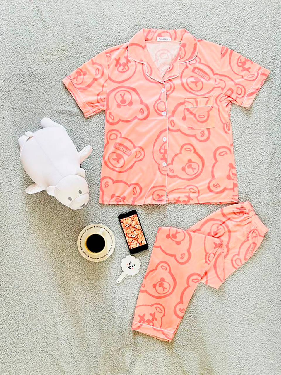 Pijamas Dama Botones Caricaturas / Camisa, Pantalón (Calcetas De Regalo)