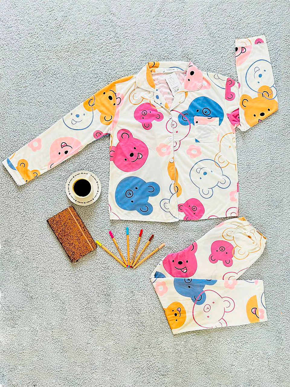 Pijamas Dama Botones Caricaturas / Camisa, Pantalón (Calcetas De Regalo)