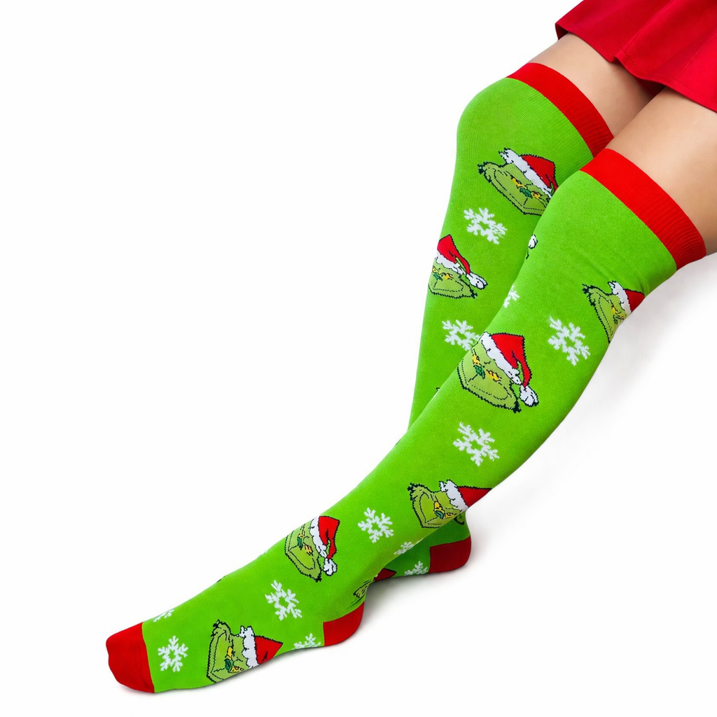 Medias Extra Largas Navideñas Dama Algodón "Grinch Caritas" Verde