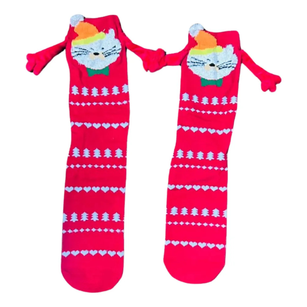 Calcetas Navideñas Manitas Imán Moda Cute Gato Festivo (1 par)