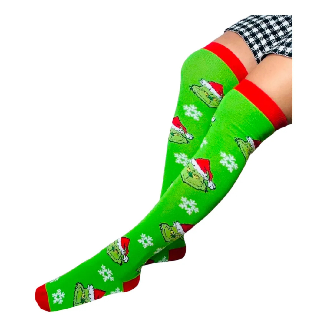 Medias Extra Largas Navideñas Dama Algodón "Grinch Caritas"
