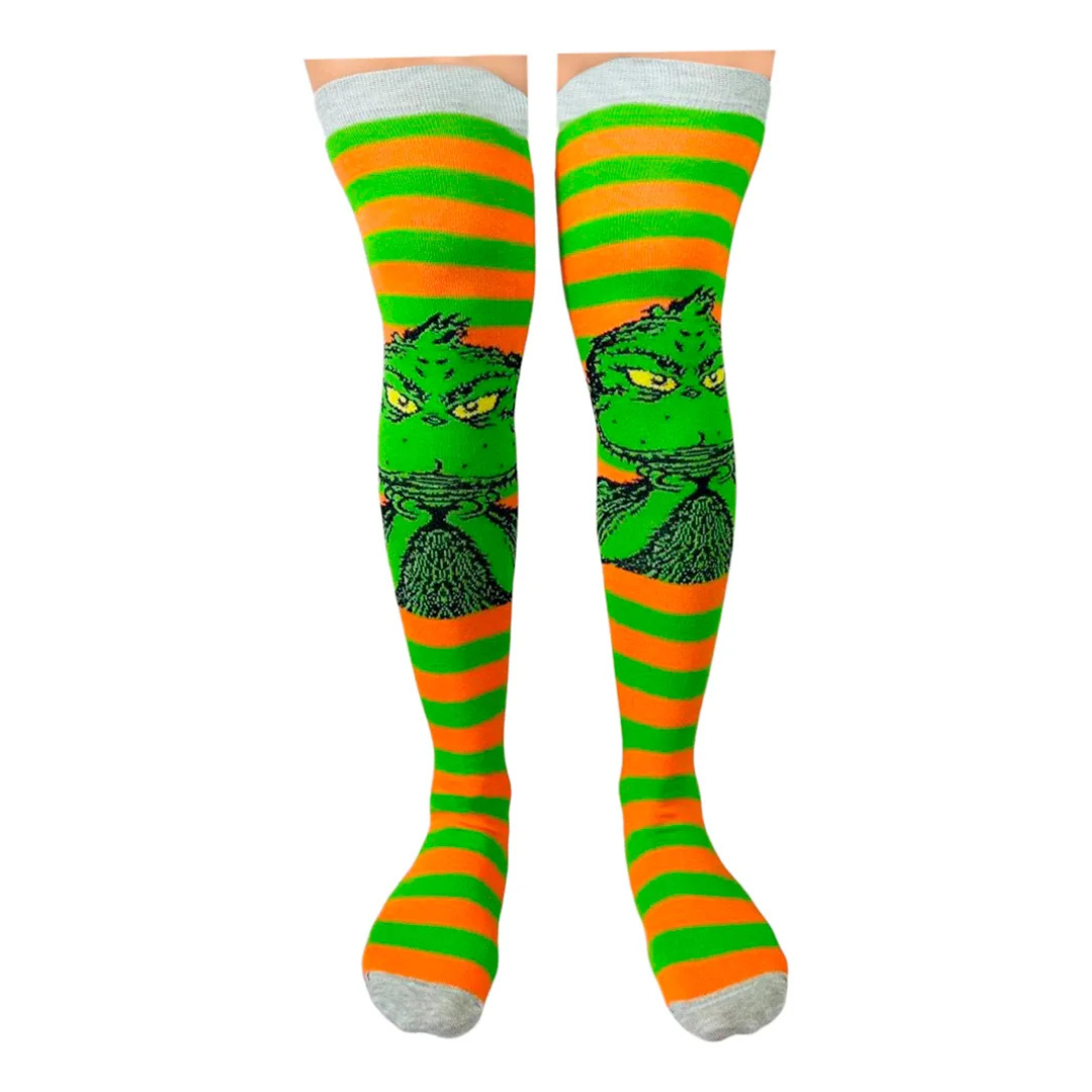 Medias Extra Largas Navideñas Dama Algodón "Grinch Rayas Naranjas"