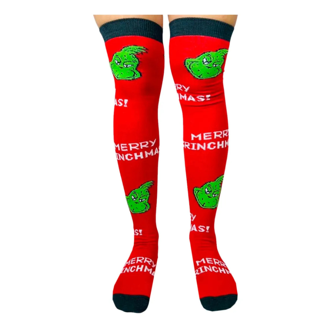 Medias Extra Largas Navideñas Dama Algodón "Grinch Merry Christmas"