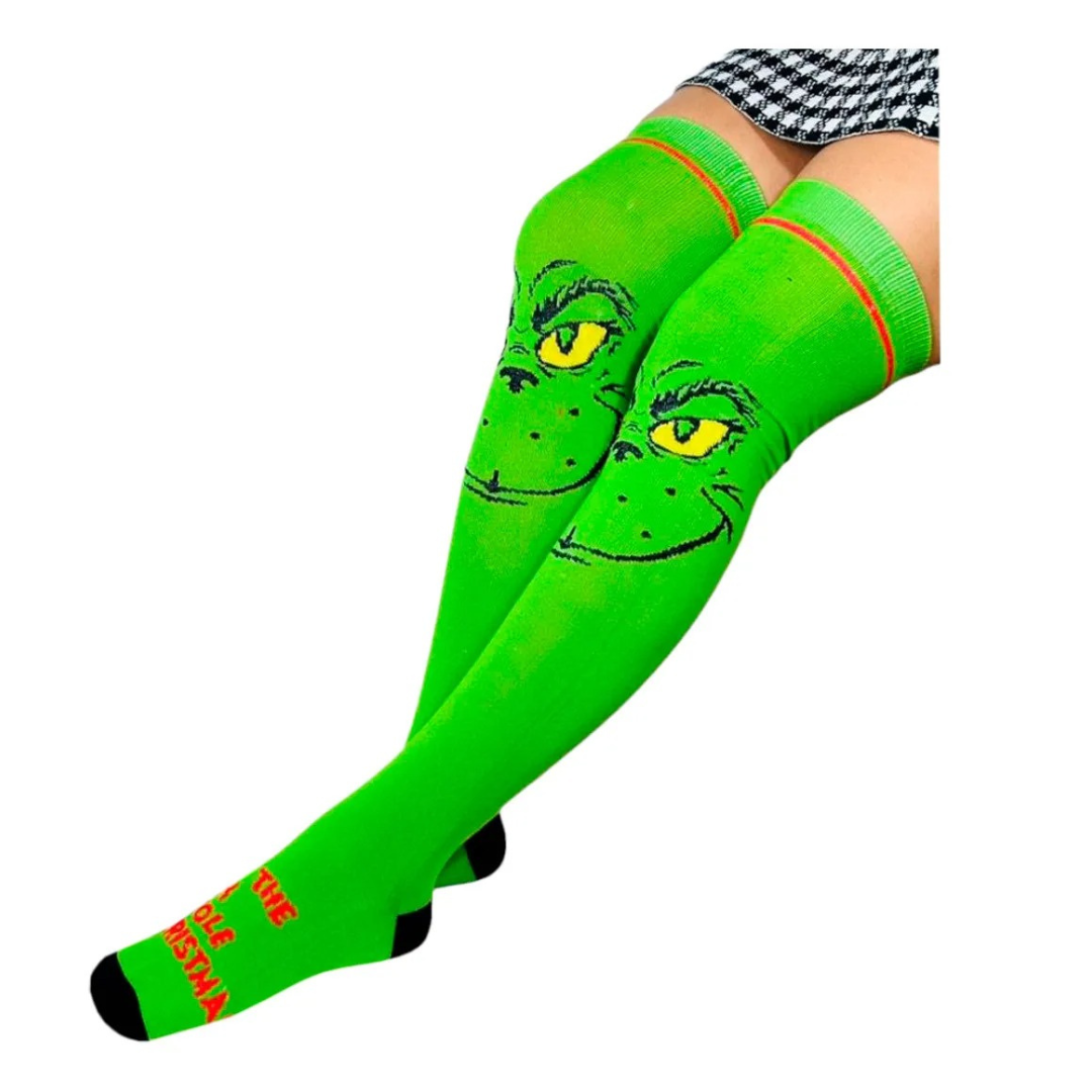 Medias Extra Largas Navideñas Dama Algodón "Grinch Cara"