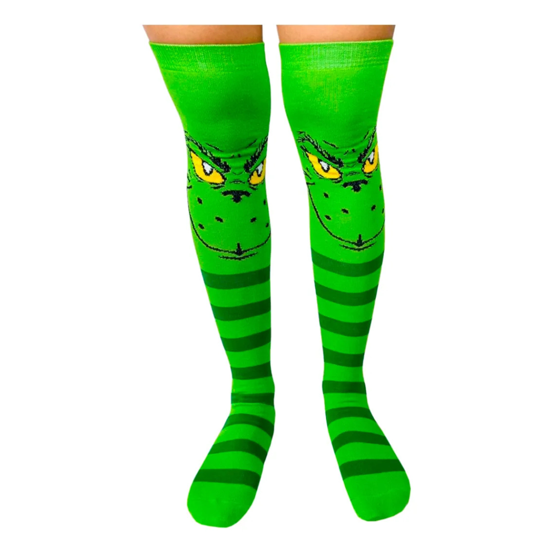 Medias Extra Largas Navideñas Dama Algodón "Grinch Cara Rayas"