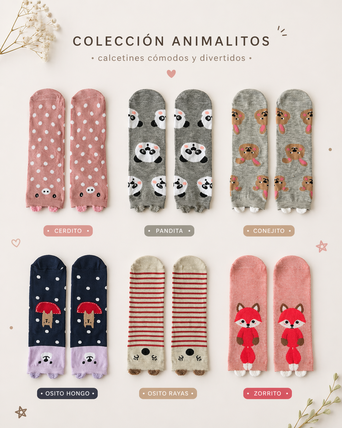 Calcetas Orejitas Largas 3/4 Mujer 3D Animalitos Algodón Cute 10 Pares
