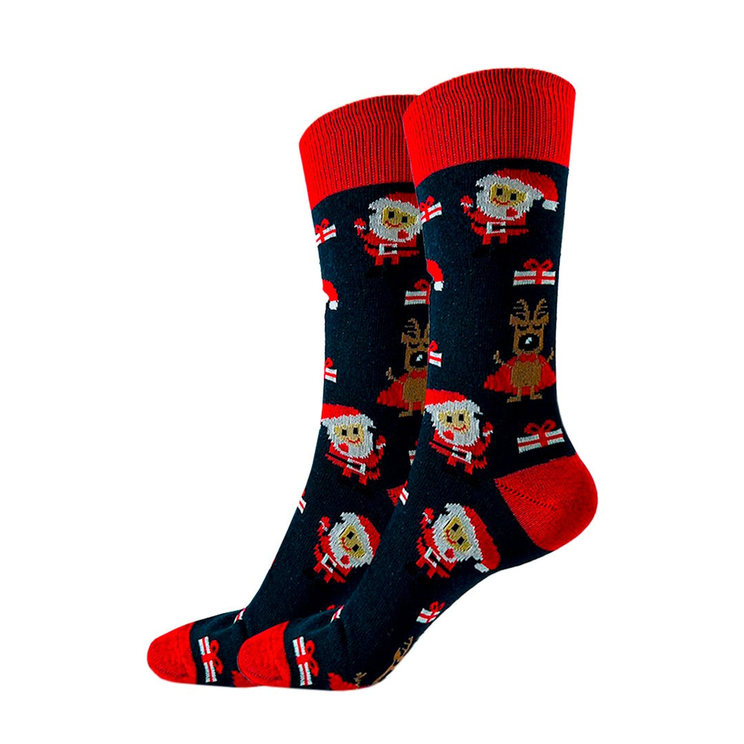 Calcetines Navidad / "Santa Claus Y Renos En Caricatura Con Regalos"