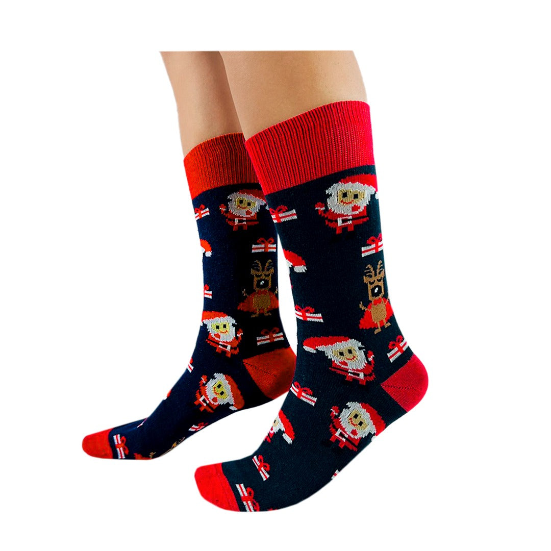 Calcetines Navidad / "Santa Claus Y Renos En Caricatura Con Regalos"