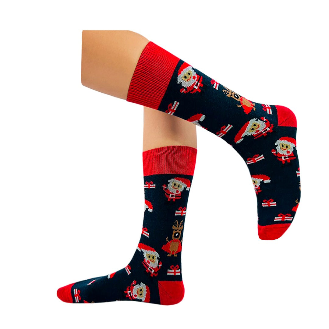 Calcetines Navidad / "Santa Claus Y Renos En Caricatura Con Regalos"