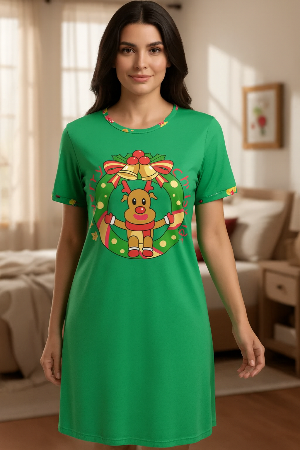 Pijama Navideña Dama Bata, Playera, Pantalón Y Short Moda Diseño De Adorno Navideño