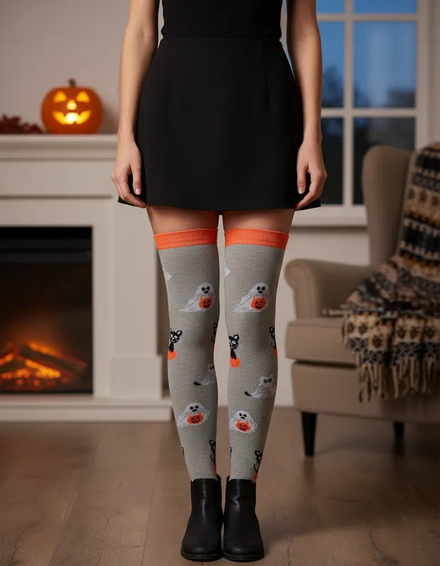 Medias Halloween Diseño De "Gatitos Y Fantasmas"