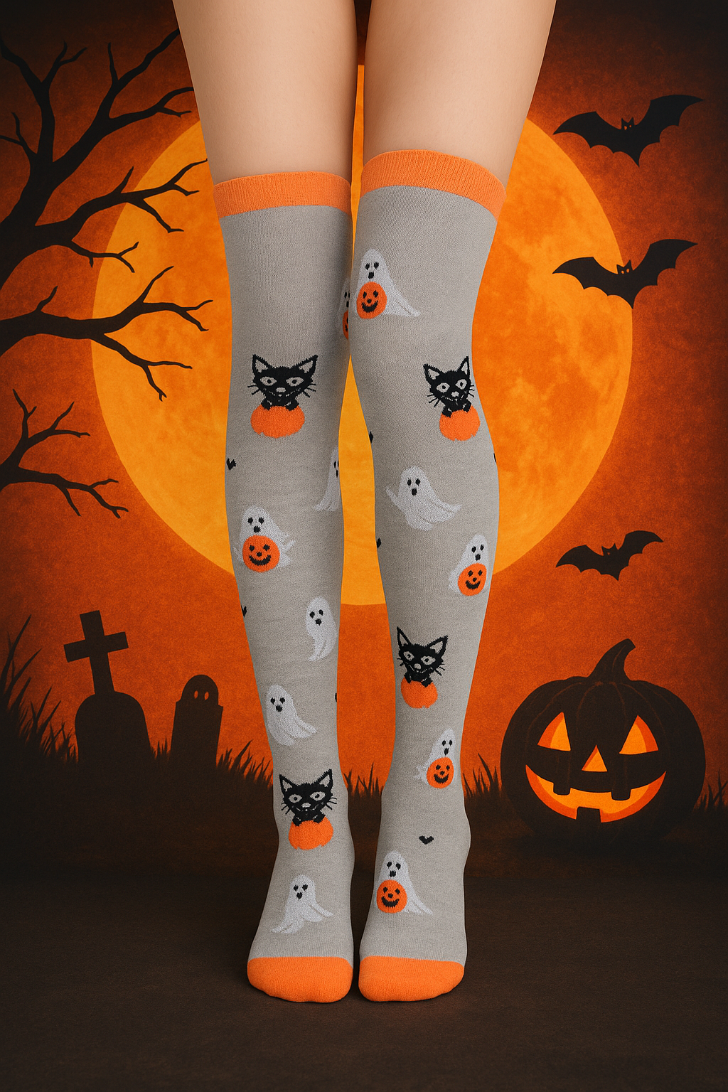 Medias Halloween Diseño De "Gatitos Y Fantasmas"
