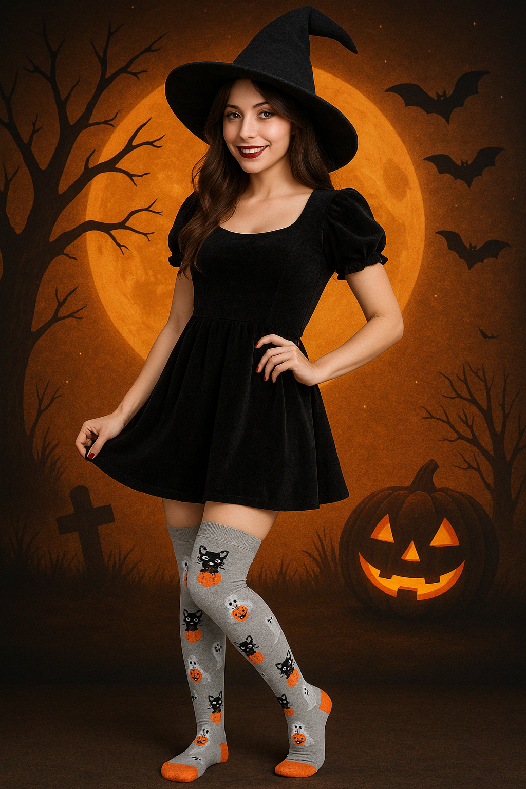 Medias Halloween Diseño De "Gatitos Y Fantasmas"