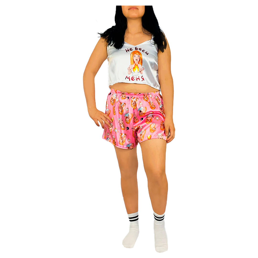 Pijama Mujer Top/Short Frescas Moda "Muñeca Y Emojis De Fueguitos"