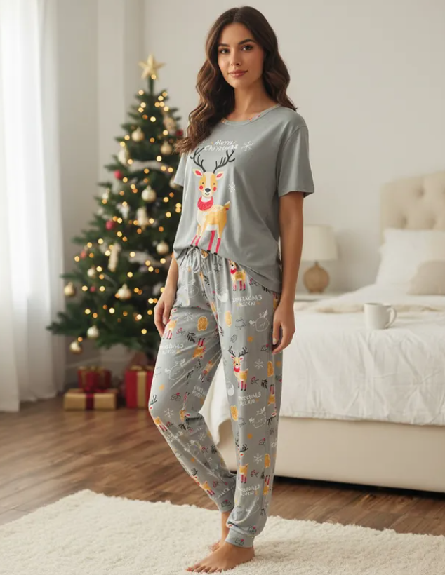 Pijama Navideña Dama Bata, Playera, Pantalón Y Short Moda Diseño De Reno Gris