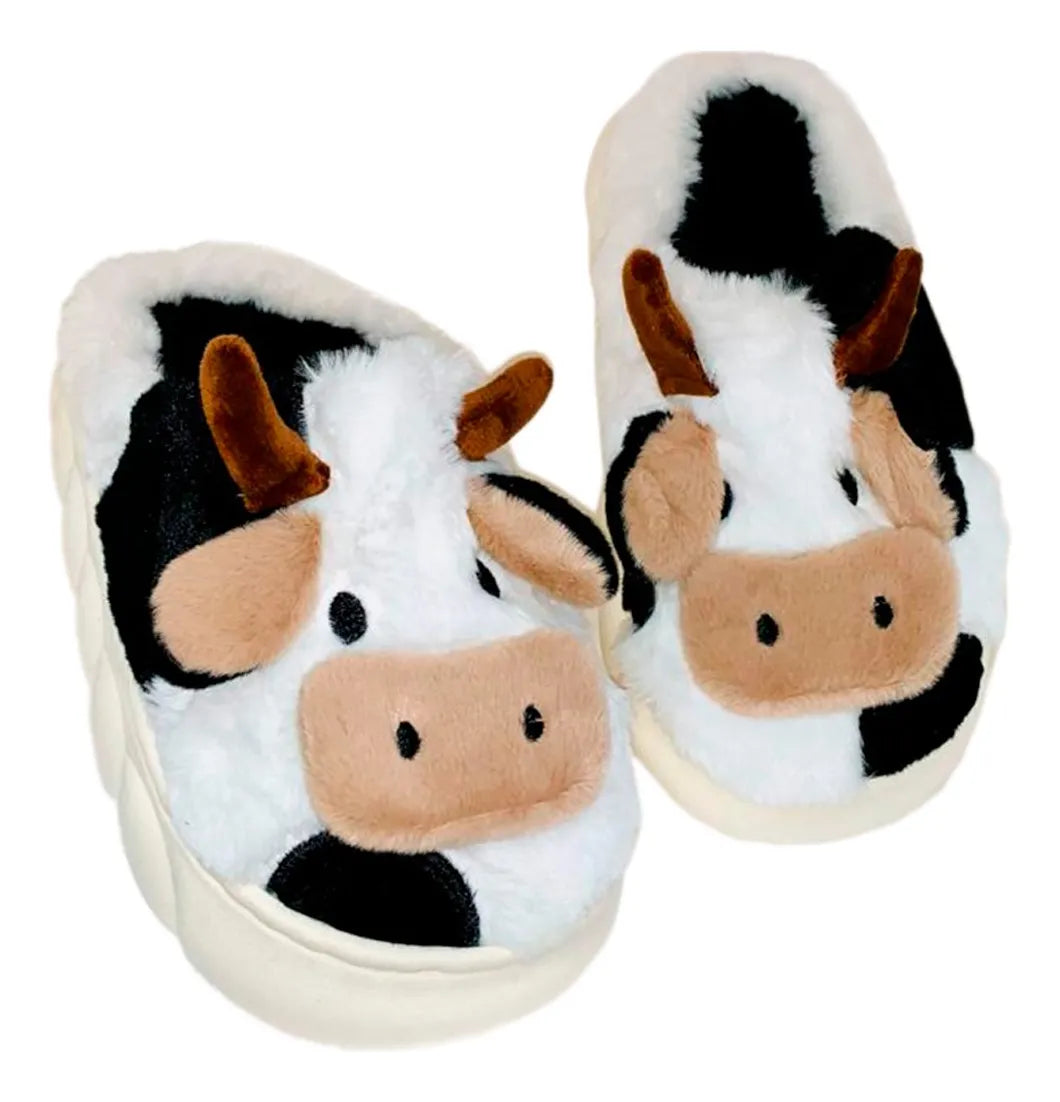 Pantuflas Diseño De Vaca Peluche Confort Invierno Suaves Moda