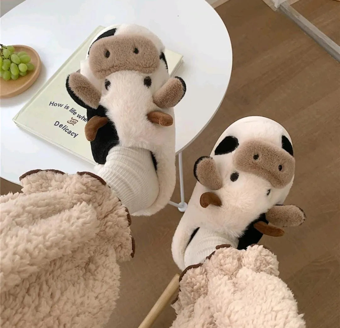 Pantuflas Diseño De Vaca Peluche Confort Invierno Suaves Moda