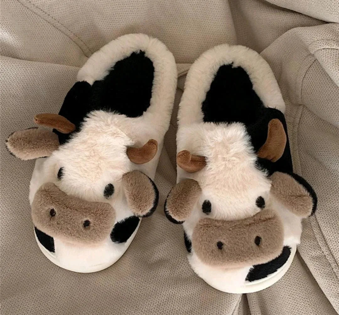 Pantuflas Diseño De Vaca Peluche Confort Invierno Suaves Moda