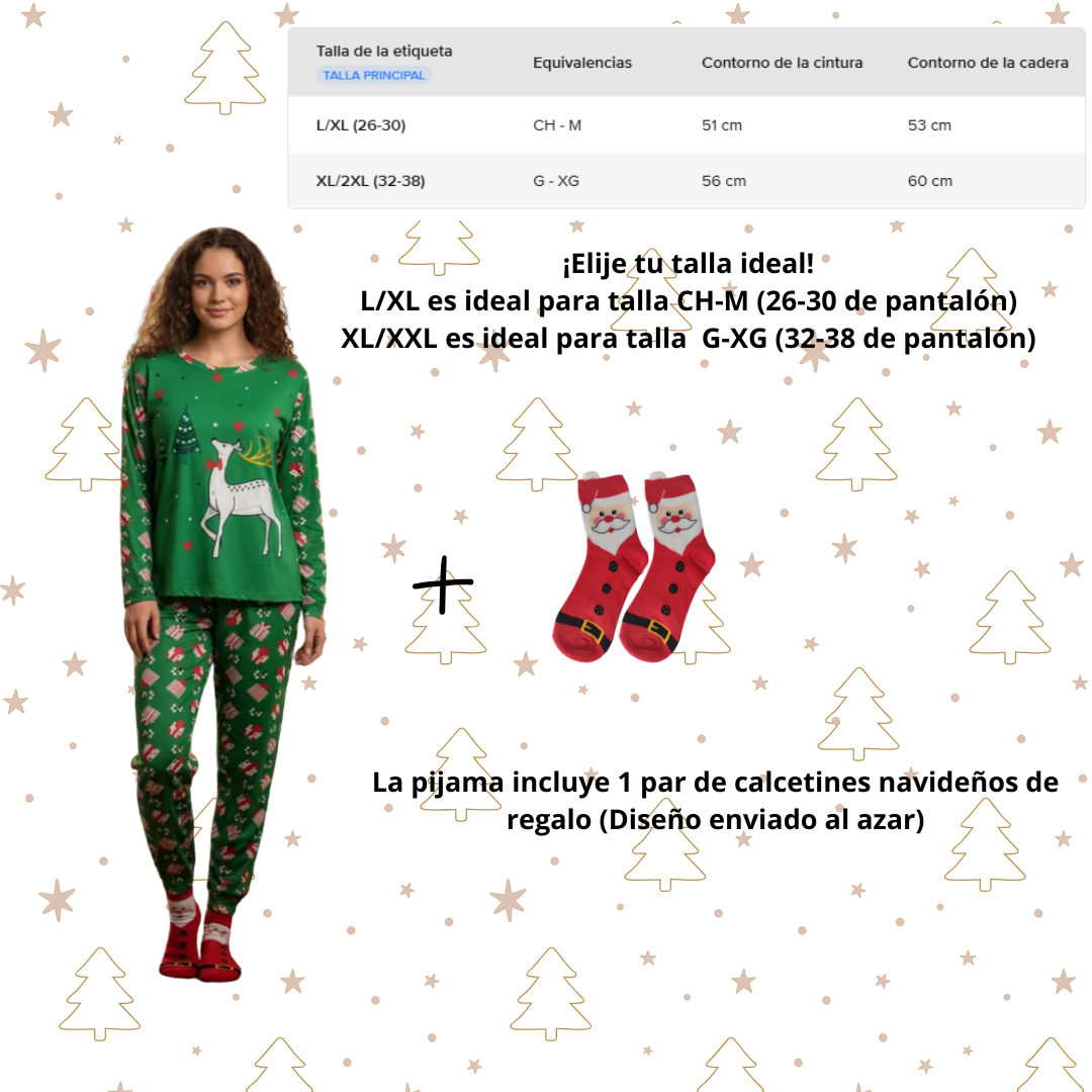 Pijama Navideña Reno Verde Mujer Moda Pantalón, Playera Y Calcetas