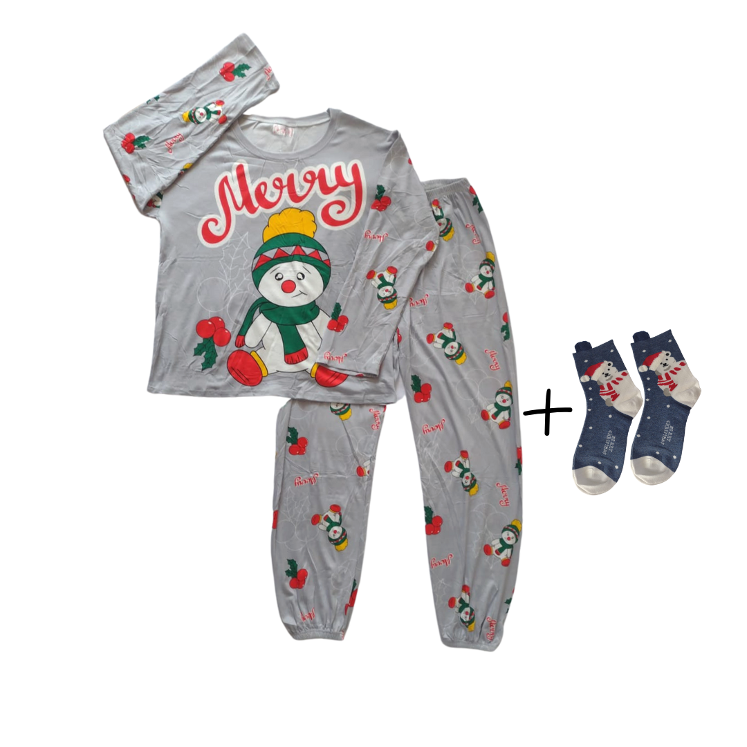 Pijama Navideña Muñeco de Nieve Mujer Moda Pantalón, Playera Y Calcetas