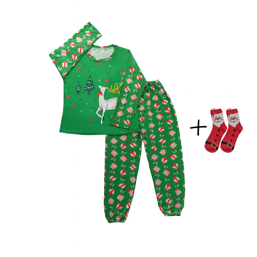 Pijama Navideña Reno Verde Mujer Moda Pantalón, Playera Y Calcetas