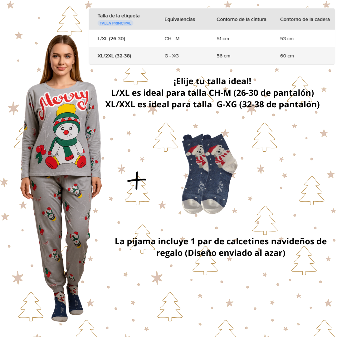 Pijama Navideña Muñeco de Nieve Mujer Moda Pantalón, Playera Y Calcetas