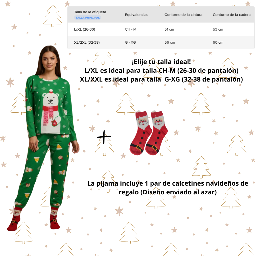 Pijama Navideña Oso Polar Mujer Moda Pantalón, Playera Y Calcetas
