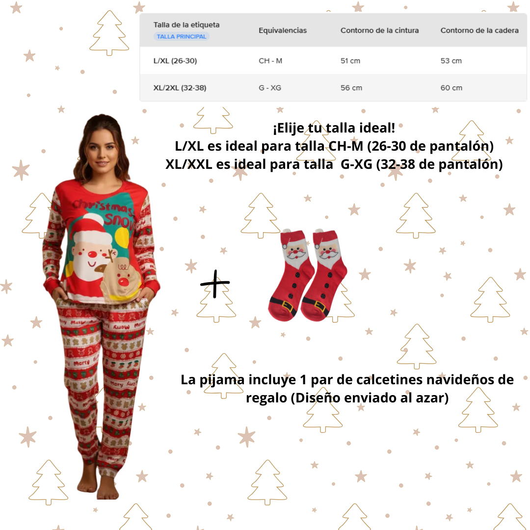Pijama Navideña Santa Claus Caricatura  Mujer Moda Pantalón, Playera Y Calcetas