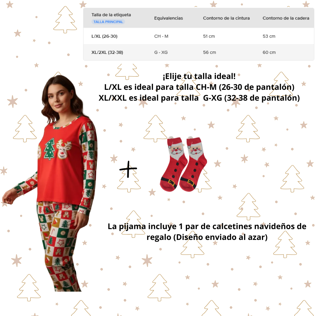 Pijama Navideña Pino Mujer Moda Pantalón, Playera Y Calcetas