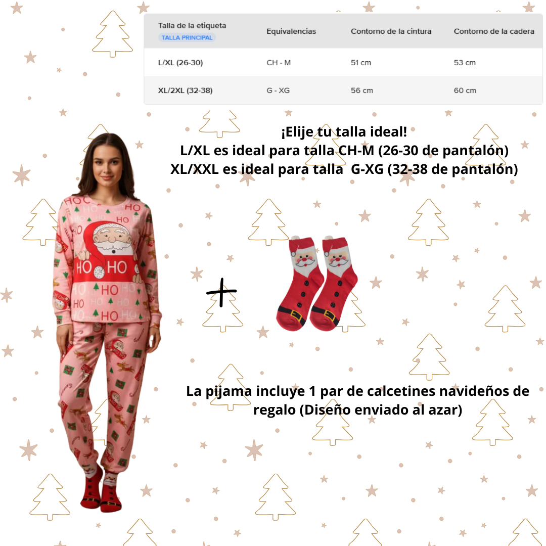 Pijama Navideña Santa Claus Pink  Mujer Moda Pantalón, Playera Y Calcetas