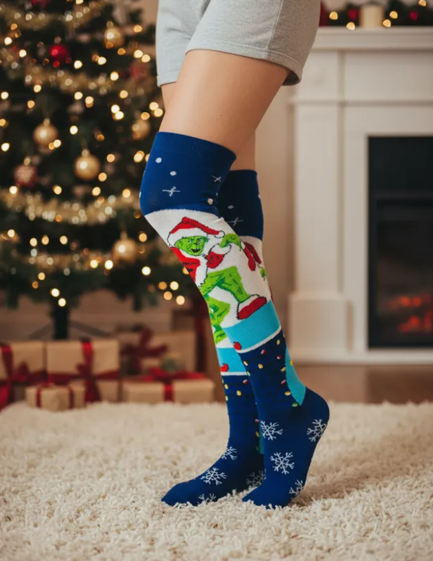 Medias Extra Largas Navideñas Dama Algodón "Grinch Santa Claus"