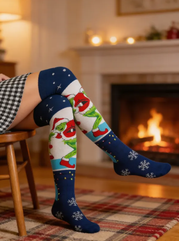 Medias Extra Largas Navideñas Dama Algodón "Grinch Santa Claus"