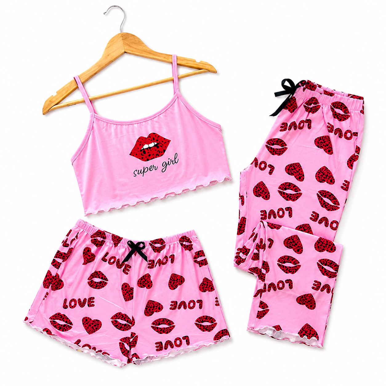 Pijama Mujer Conjunto Verano Top, Short, Pantalón Y Calcetas Diseño de Besos/ Love