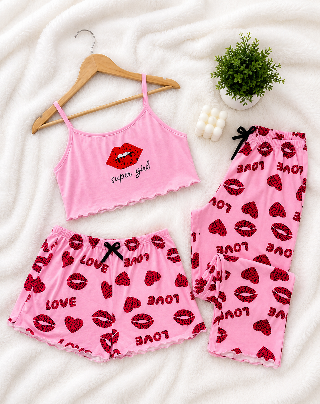 Pijama Mujer Conjunto Verano Top, Short, Pantalón Y Calcetas Diseño de Besos/ Love