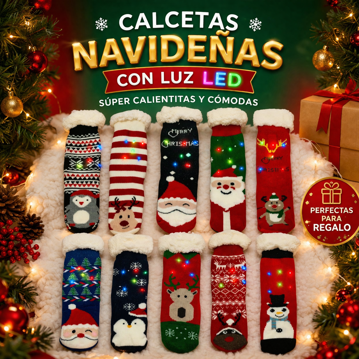 Calcetines De Borrego Luz Peluche Térmicas Navidad (2 pares)