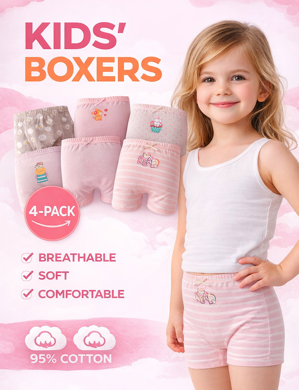 Bóxer Infantil Niño/ Niña Algodón Moda Confort Set de 4 Piezas