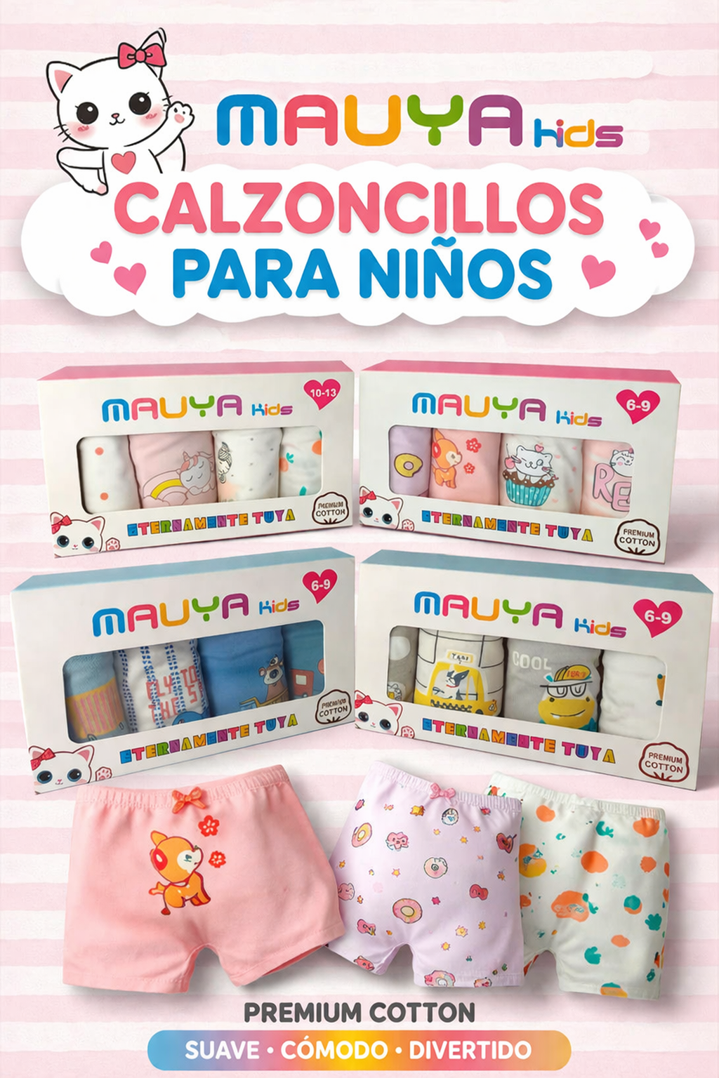 Bóxer Infantil Niño/ Niña Algodón Moda Confort Set de 4 Piezas
