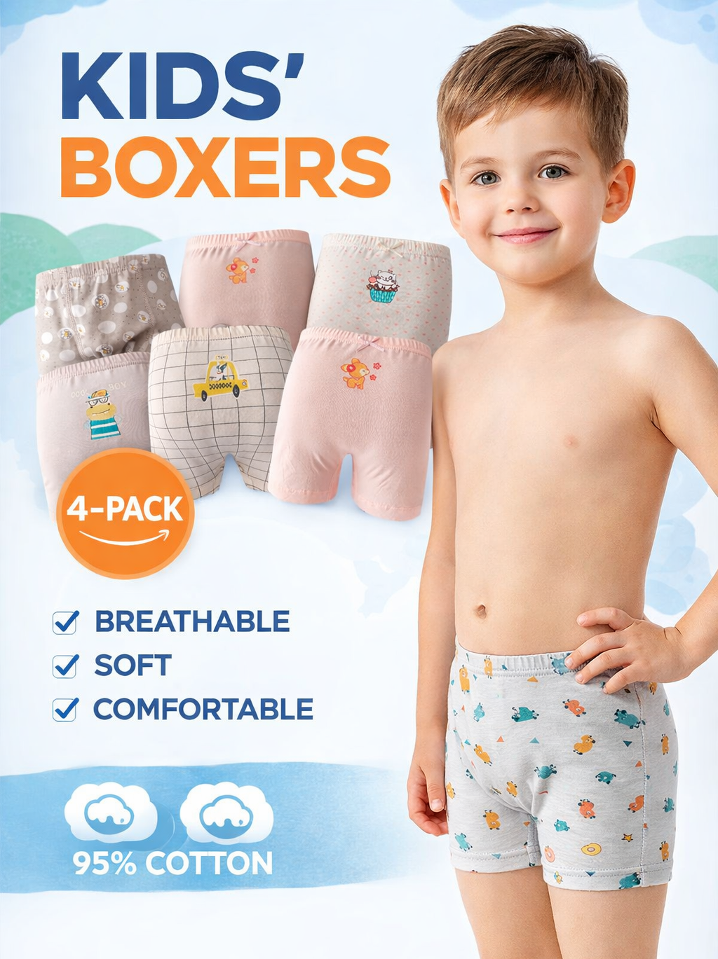 Bóxer Infantil Niño/ Niña Algodón Moda Confort Set de 4 Piezas