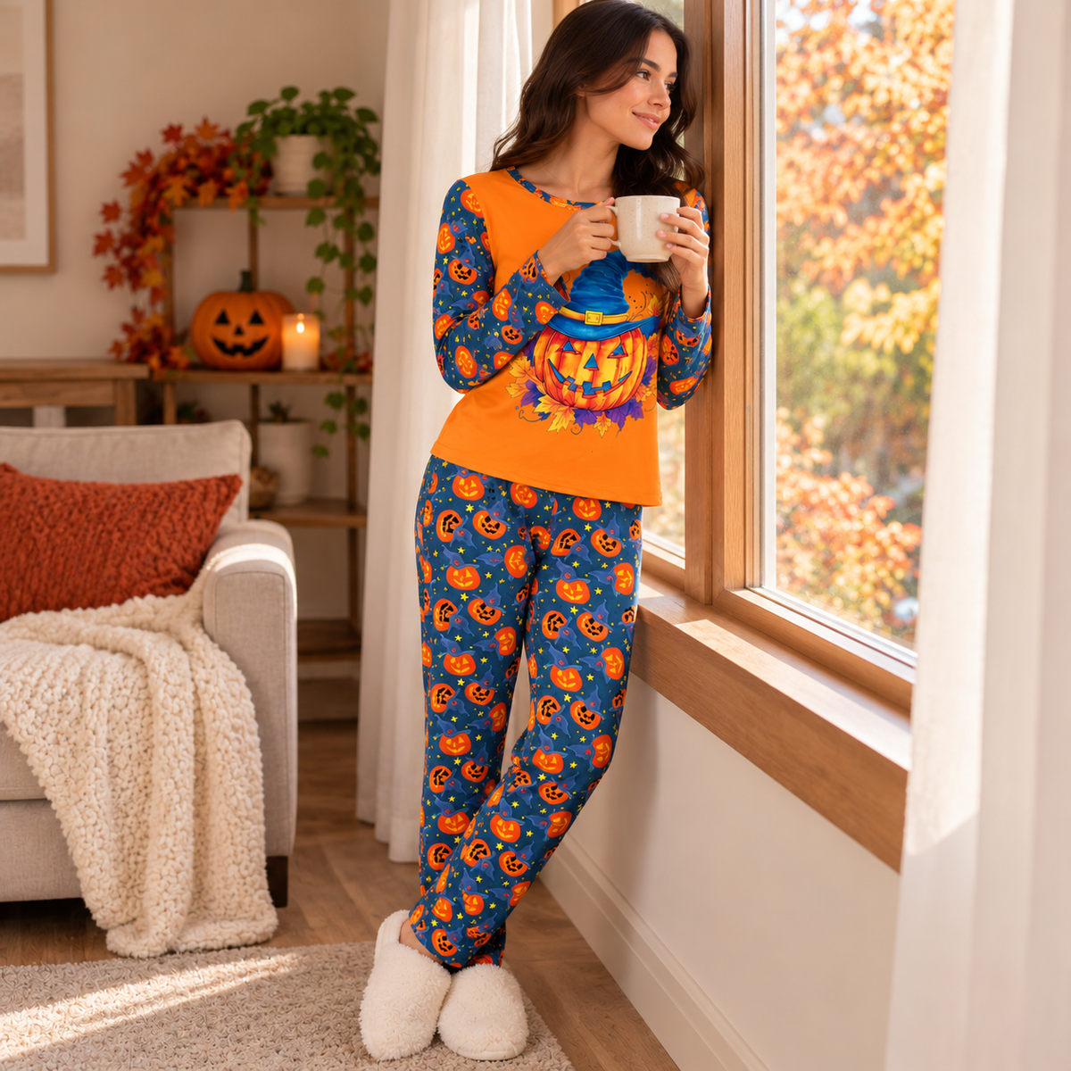 Pijama De Halloween/ Día De Muertos Mujer Térmica Moda Calabaza