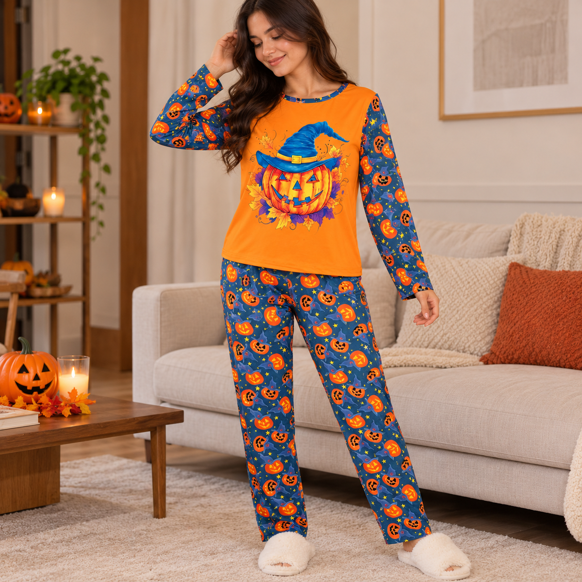 Pijama De Halloween/ Día De Muertos Mujer Térmica Moda Calabaza