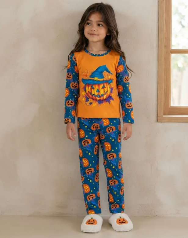 Pijama De Halloween/ Día De Muertos Infantil Niñ@s Térmica Moda Calabaza
