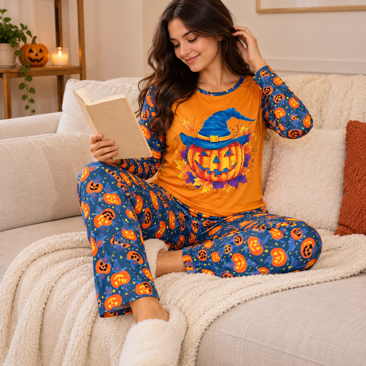 Pijama De Halloween/ Día De Muertos Mujer Térmica Moda Calabaza