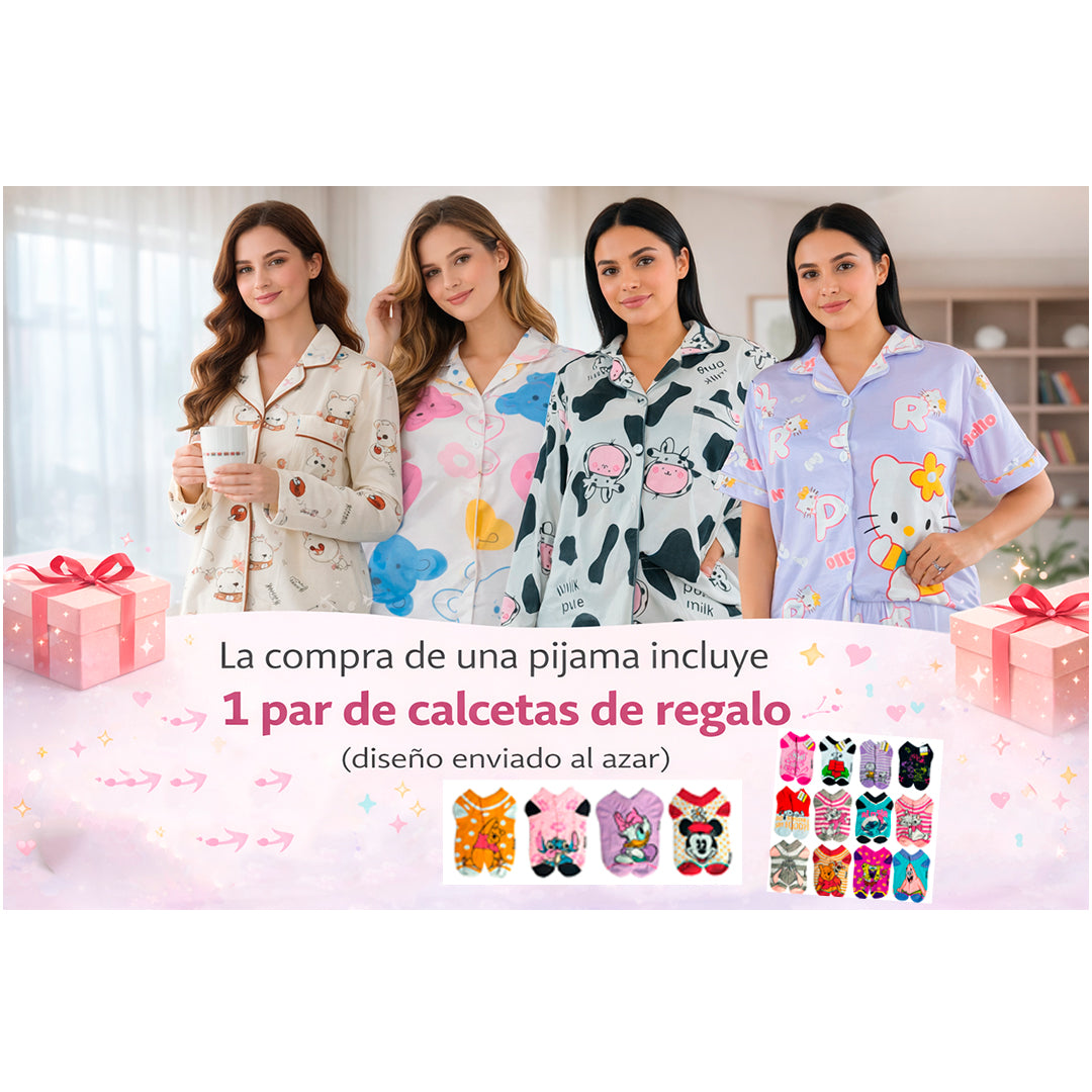 Pijama Dama Pantalón y Camisa de Botones Cute Diseño De Osos de Colores