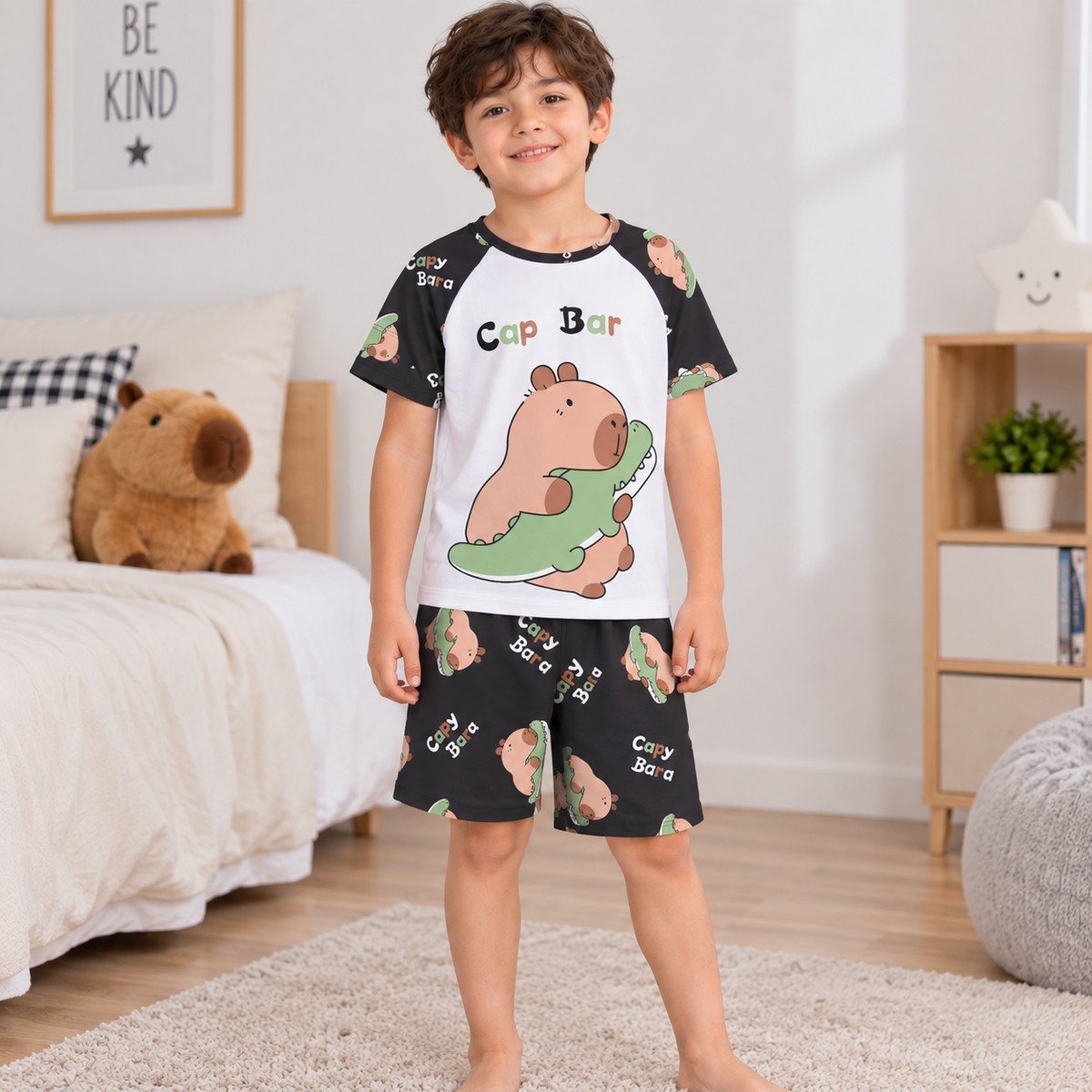 Pijama Infantil De Capibara Niña Niño Pantalón, Short y Playera Fresca Moda
