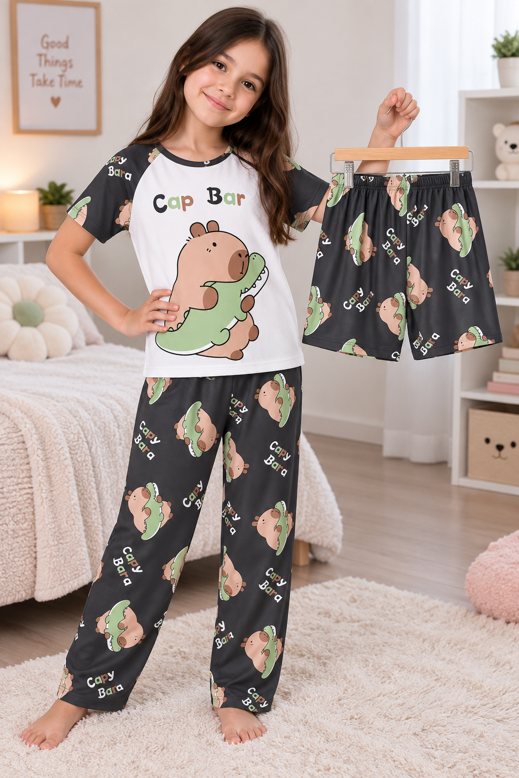 Pijama Infantil De Capibara Niña Niño Pantalón, Short y Playera Fresca Moda
