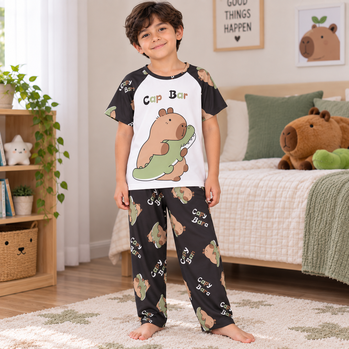 Pijama Infantil De Capibara Niña Niño Pantalón, Short y Playera Fresca Moda