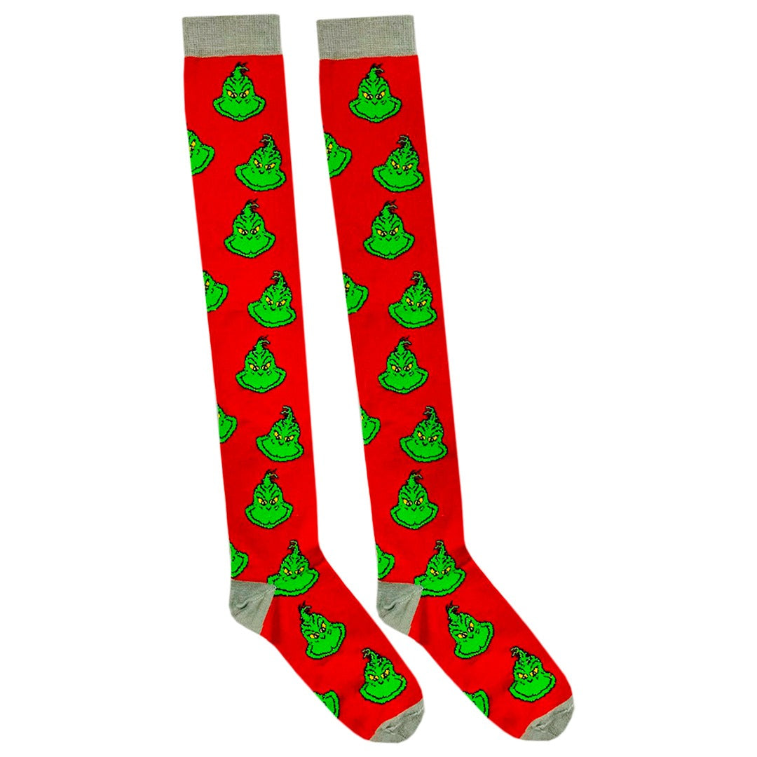 Medias Extra Largas Navideñas Dama Algodón "Grinch Caritas" Rojo