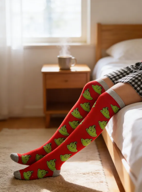 Medias Extra Largas Navideñas Dama Algodón "Grinch Caritas" Rojo