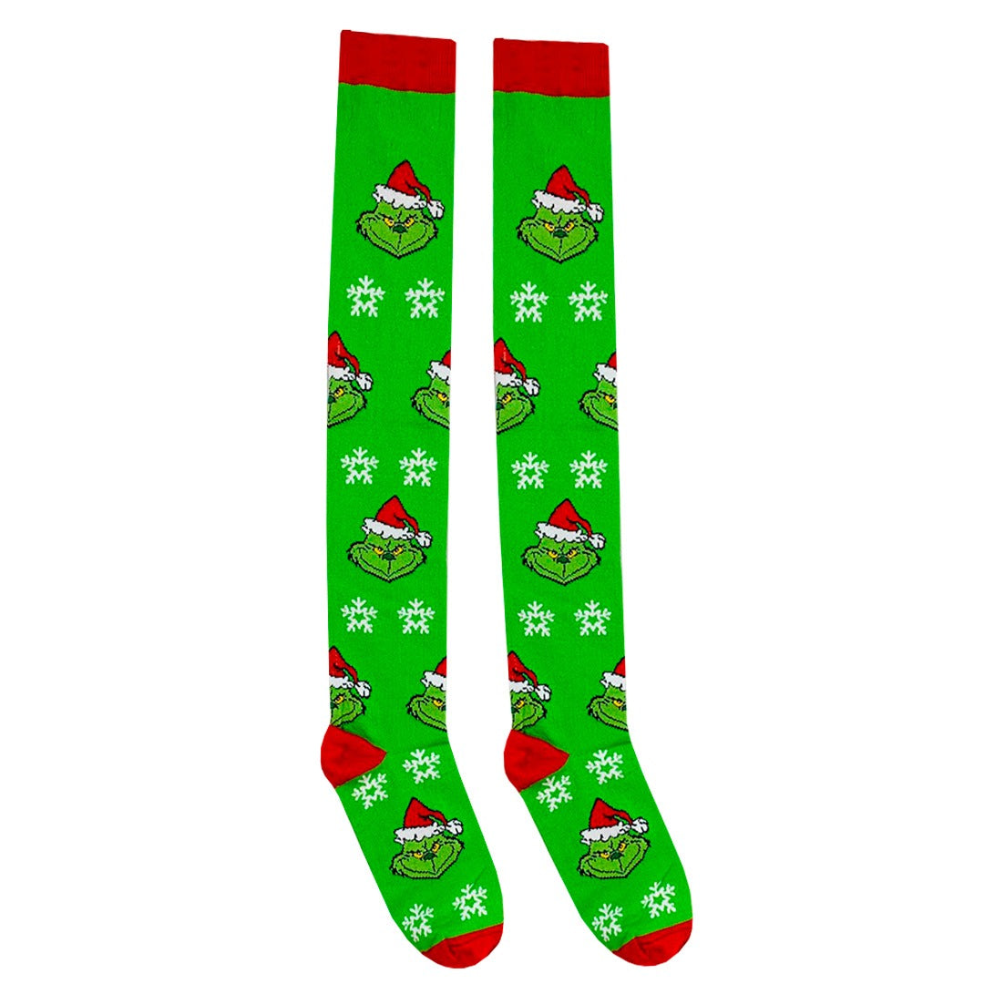 Medias Extra Largas Navideñas Dama Algodón "Grinch Caritas" Verde